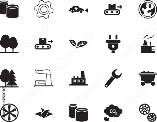 factory vector icon set such as: plug, cold, clock, network, tool, pollution, fan, working, environmental, service, auto, transmission, car, cogs, co2, raw, cooperation, earth, carbon, vintage, smart
