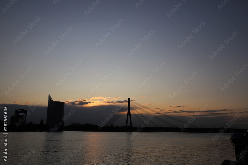 The Daugava river and the Vansu bridge in the twilight, Riga, Latvia