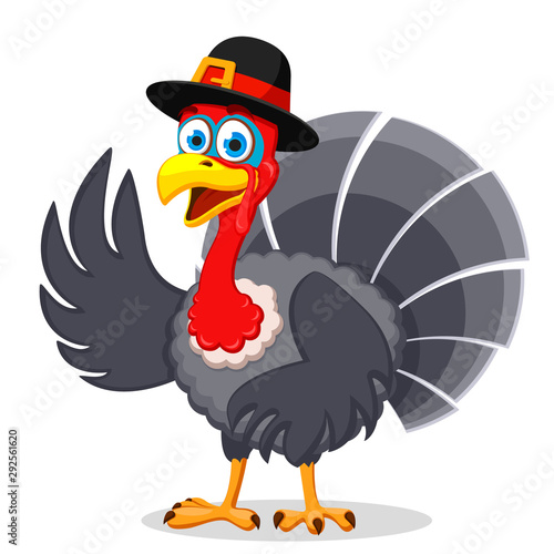 Turkey in a hat smiles and waves a wing on a white background. Thanksgiving Day.