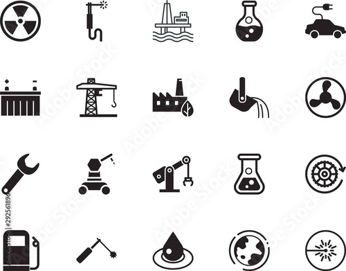 factory vector icon set such as: airflow, offshore, impact, engine, hook, rotate, wrench, casting, pump, mill, automobile, renewable, electrical, development, warning, wind, sea, tank, supply, light