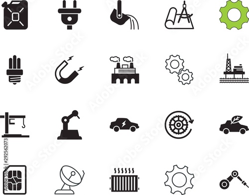 factory vector icon set such as: material, adapter, gas, cellphone, derrick, crane, clean, gasoline, metallurgy, drawing, engineer, satellite, offshore, extraction, recycle, physics, cold, natural