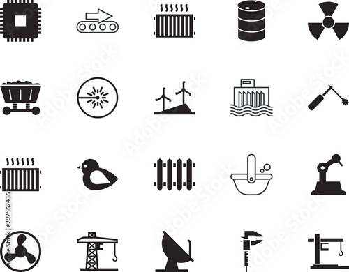 factory vector icon set such as: flash, wing, precision, iron, mineral, flow, pollution, mechanical, bright, brazing, windmill, progress, robotic, semiconductor, storage, oil, package, science