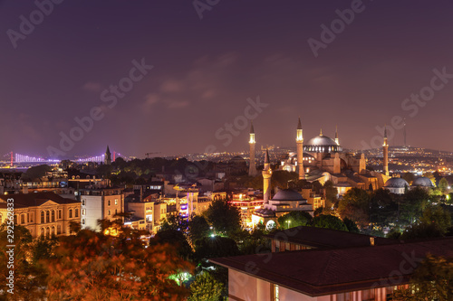 Obraz na płótnie Night Istanbul, view on Hagia Sophia, the Bosphorus Bridge and the Galata Tower w salonie