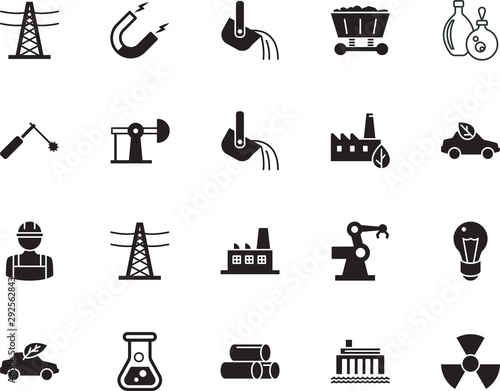 factory vector icon set such as: welding, mineral, raw, pharmacy, bulb, chemistry, brazing, education, lab, label, coal, flask, hand, service, cart, robotics, gray, medical, architect, bottle