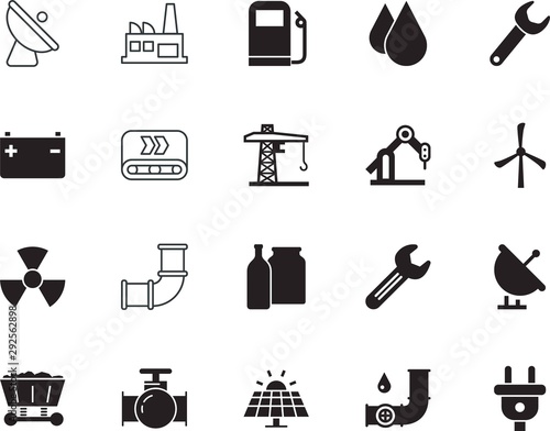factory vector icon set such as: droplet, cell, propeller, automation, petrol, beverage, hand, logo, side, contour, vibrant, hazard, alternative, benzine, cargo, robotics, sun, bolt, radioactive
