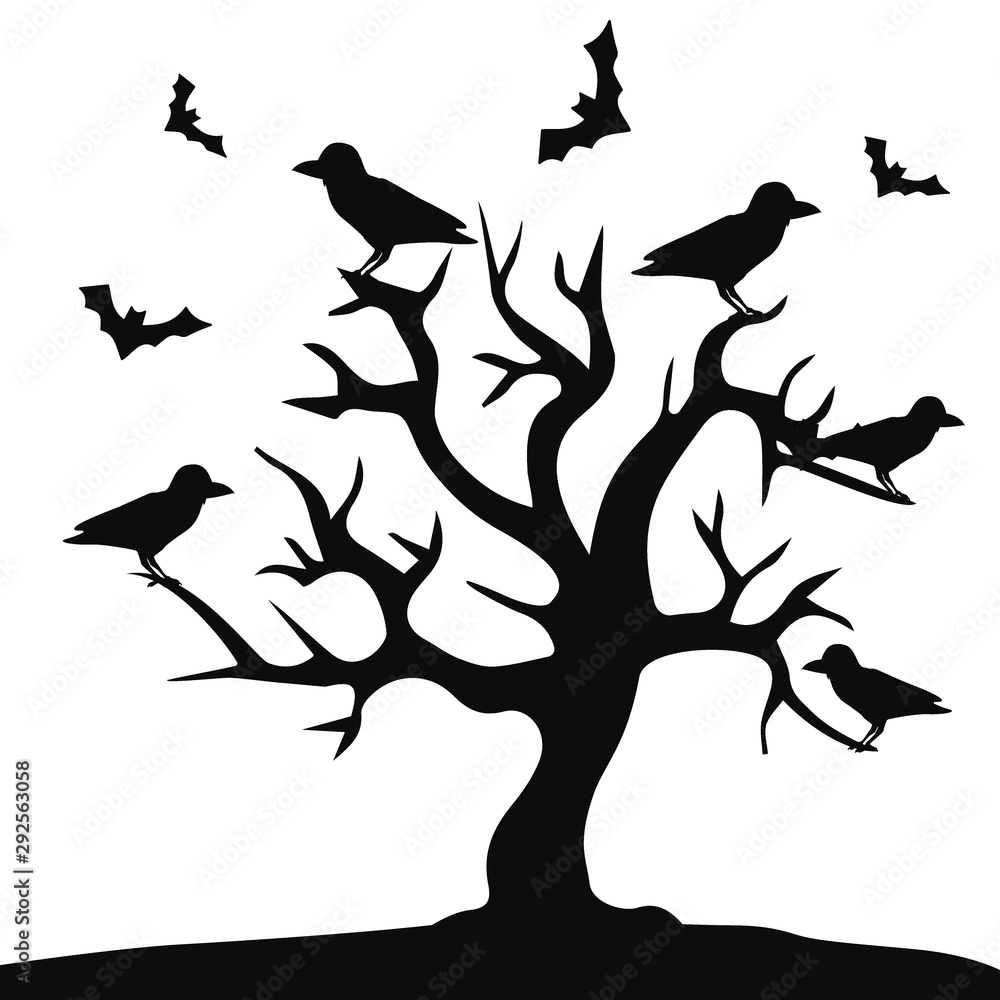 Horror helloween tree, cat art, vector illustration Horror helloween tree, cat art, vector illustration