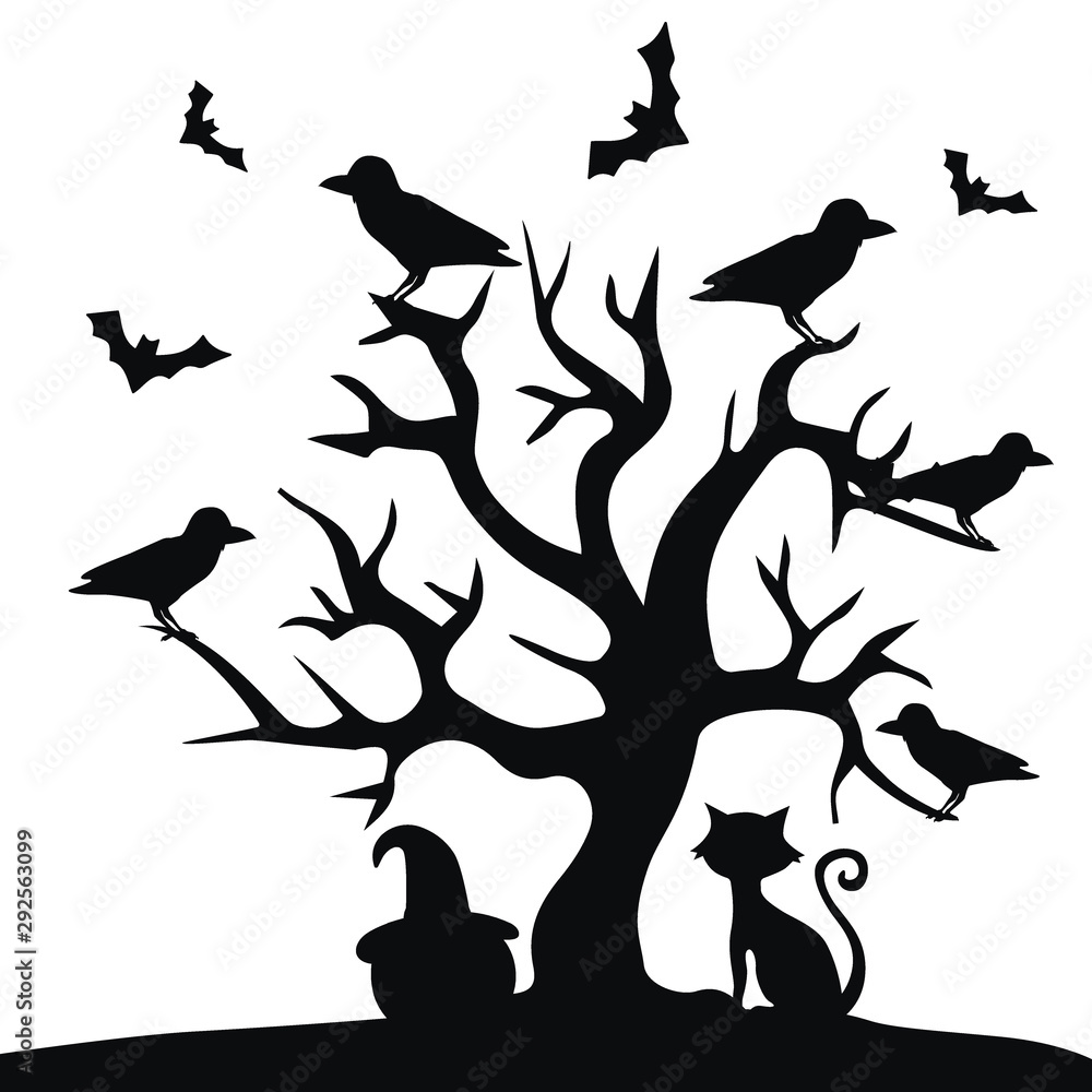 Horror helloween tree, cat art, vector illustration