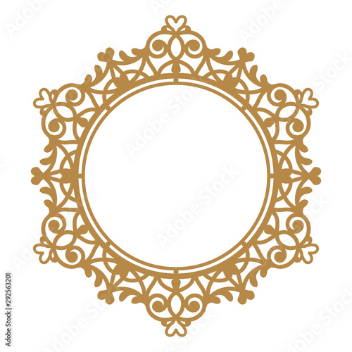 Laser cutting photo frame. Decorative round template for design. Vector geometric vintage metal border. Oriental ornamental lace, golden silhouette. Circular pattern in arabesque style. Napkin stencil