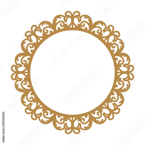Laser cutting photo frame. Decorative round template for design. Vector geometric vintage metal border. Oriental ornamental lace, golden silhouette. Circular pattern in arabesque style. Napkin stencil
