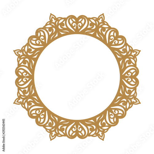 Laser cutting photo frame. Decorative round template for design. Vector geometric vintage metal border. Oriental ornamental lace, golden silhouette. Circular pattern in arabesque style. Napkin stencil