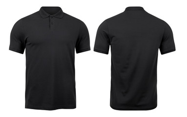 Black polo shirts mockup front and back used as design template, isolated on white background with clipping path.