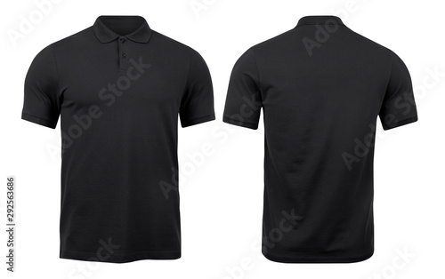 Photo Black polo shirts mockup front and back used as design template, isolated on white background with clipping path