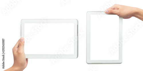 Male hand holding the white tablet pc computer with blank screen isolated on white background with clipping path