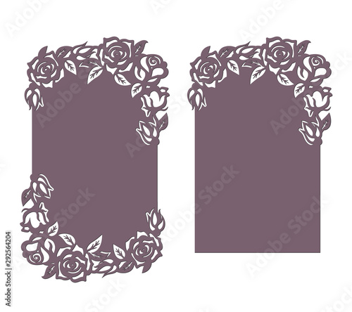 Wedding invitation card with lace floral frame at vintage style. Laser cutting template of openwork vector silhouette. For envelope with ornate ornament of roses. Decorative design of flower pattern.