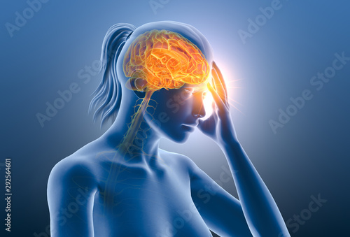 Headache, migraine of a woman, medically 3D illustration on blue background
