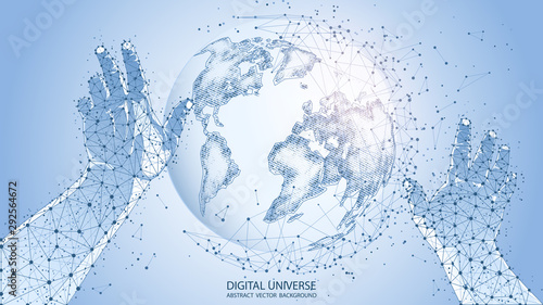 Light blue abstract background. Vector. Stylish futuristic pattern. A wireframe image of human hands and planet Earth. Polygonal mesh. Randomly moving particles. Virtual reality and modern technology.