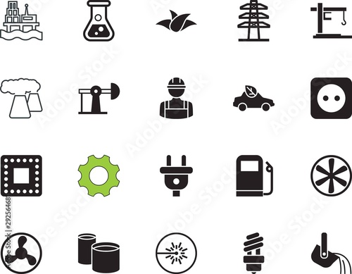 factory vector icon set such as: pharmacy, mechanism, analysis, extraction, spa, abstract, thermal, device, alternative, cog, car, electronic, round, gray, constructor, generator, ray, flower, liquid