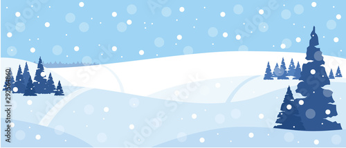 Winter nature, landscape. Field with fir trees, snowy white hills, snowdrifts, sky with snowflakes, meadow. Vector illustration