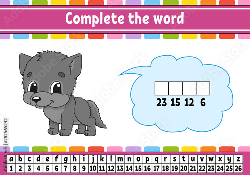 Complete the words. Cipher code. Learning vocabulary and numbers. Education developing worksheet. Activity page for study English. Game for children. Isolated vector illustration. Cartoon character.
