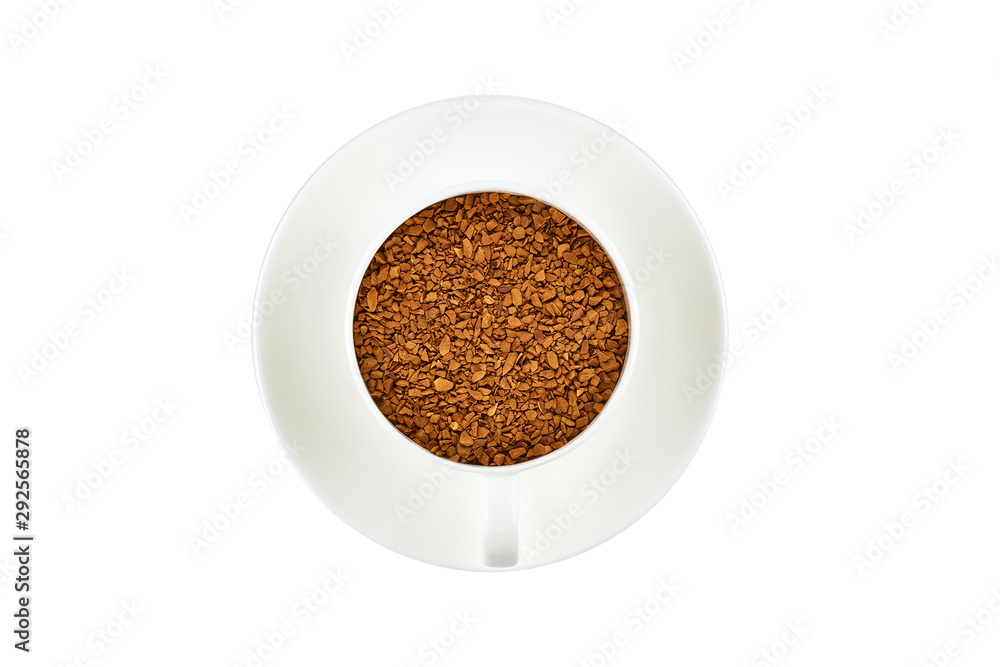 White coffee Cup with instant coffee on saucer isolated on white background. Top view. White coffee Cup with instant coffee on saucer isolated on white background. Top view.