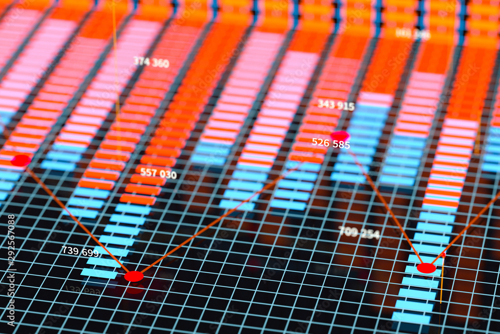 Business chart with line graph, bar chart and numbers on dark background, 3d rendering Business chart with line graph, bar chart and numbers on dark background, 3d rendering