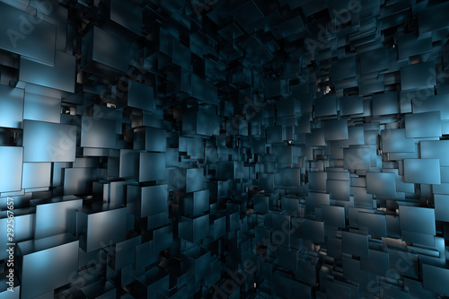 A room full with dark cubes, Illuminated by glowing cubes, 3d rendering