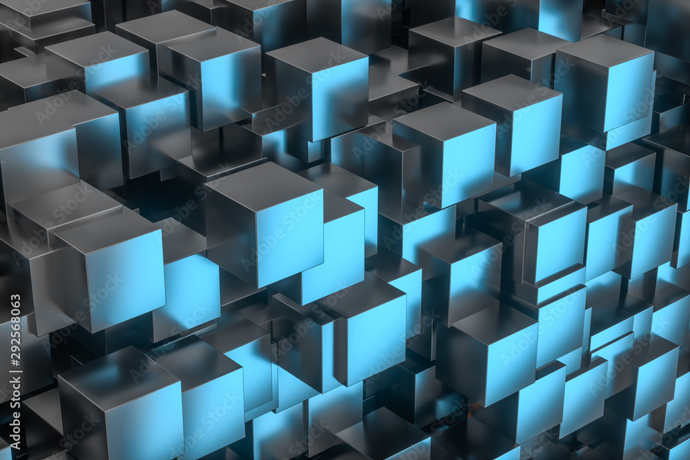 A room full with dark cubes, Illuminated by glowing cubes, 3d rendering