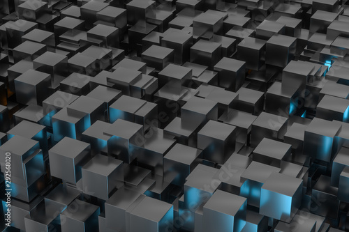 A room full with dark cubes  Illuminated by glowing cubes  3d rendering