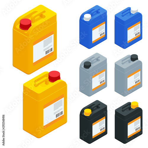 Isometric blank plastic canisters set isolated on a white background.