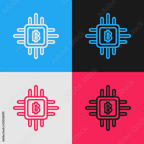 Color line CPU mining farm icon isolated on color background. Bitcoin sign inside processor. Cryptocurrency mining community. Digital money. Vintage style drawing. Vector Illustration
