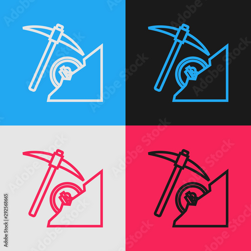 Color line Cryptocurrency cloud mining icon isolated on color background. Cloud with pickaxe, bitcoin, digital money market, cryptocoin wallet. Vintage style drawing. Vector Illustration