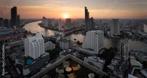 Open space balcony with Bangkok cityscape skyline view background.
