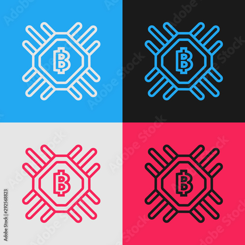 Color line CPU mining farm icon isolated on color background. Bitcoin sign inside processor. Cryptocurrency mining community. Digital money. Vintage style drawing. Vector Illustration