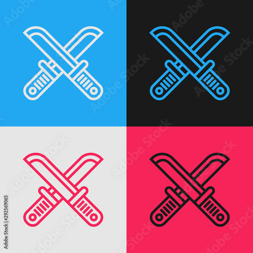 Color line Crossed hunter knife icon isolated on color background. Army knife. Vintage style drawing. Vector Illustration