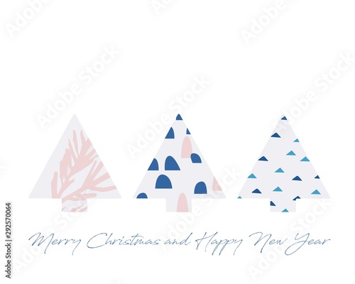 Happy new year quote, text and Scandinavian style abstract fir-trees for design greeting cards, prints, posters. 