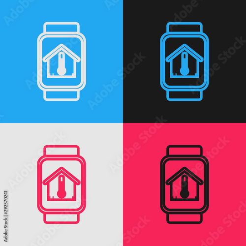 Color line Smart watch with house temperature icon isolated on color background. Thermometer icon. Vintage style drawing. Vector Illustration