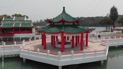 Aerial drone shot of Chinese Temple on Singapore southern Islands St. John Island and Kusu Island 