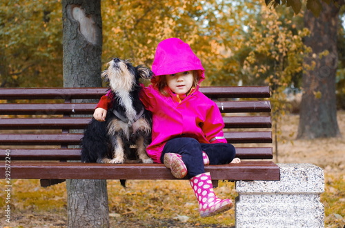 little girl and her mongrel puppy sit on a park bench in the autumn rain photo