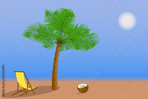 Tropical beach. Palm tree, beach chair and coconut on the seacoast