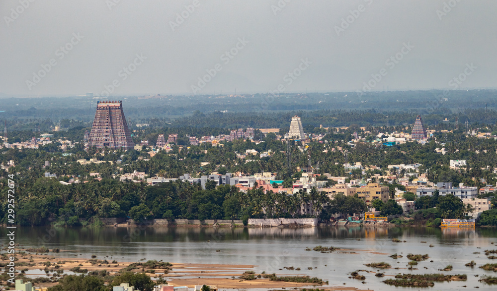 Captured Beautiful Aerial View Landscape Shot of Sri Ranganatha Swamy Temple in Srirangam Island which is a very famous Hindu religious and tourist spot in Tiruchirappalli Tamilnadu South India Asia