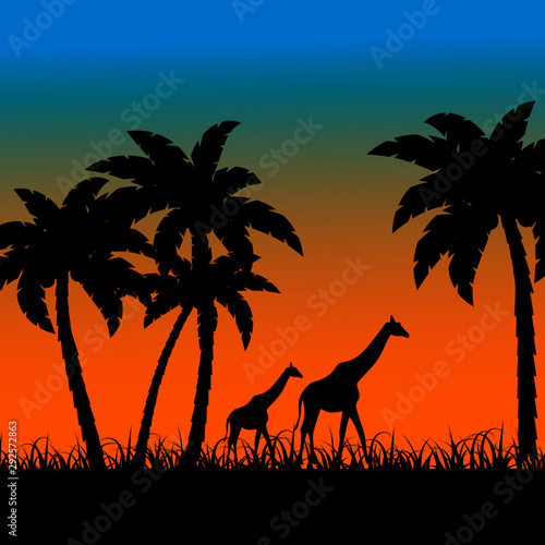 background with a picture of the African landscape with silhouettes of palms and giraffes
