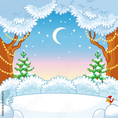 Christmas background with winter forest and garlands. Winter fairy tale with a Christmas tree