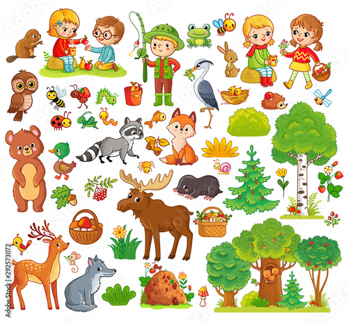 Large set with forest animals and children. Collection on a forest theme