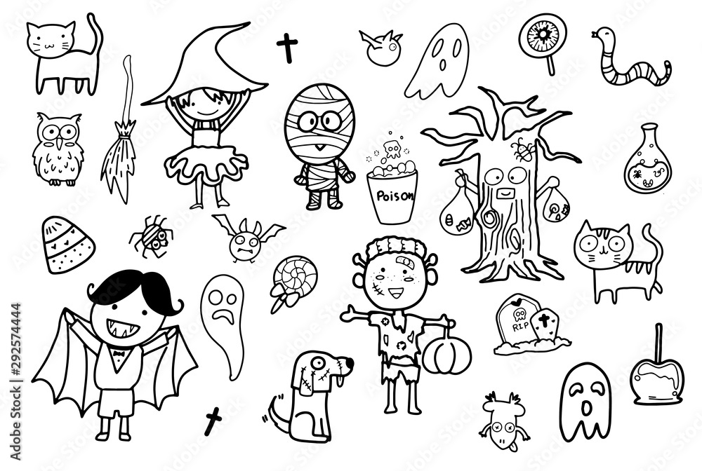  kawaii cute hand draw doodle art in autumn Halloween theme, children happily dressing in ghost costume