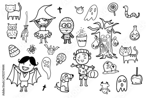  kawaii cute hand draw doodle art in autumn Halloween theme, children happily dressing in ghost costume