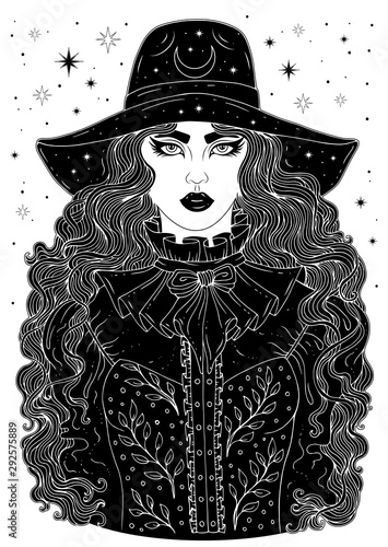 Vector drawn portrait young modern city witch. Young girl with long wavy hair and wide brim fashion hat. Ornamental Patterned white lines on a black silhouette Design card, print t-shirt  Halloween