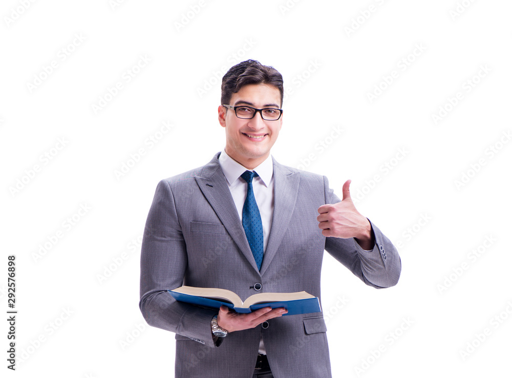 Businessman student reading a book isolated on white background Businessman student reading a book isolated on white background