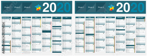 Calendrier 2020 14 mois avec vacances scolaires officielles au format 320 x 420 mm recto verso entièrement modifiable via calques et texte arial