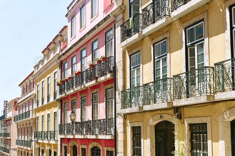 Lisbon, Portugal - September 2, 2019: traditional buildings at the streets of old city