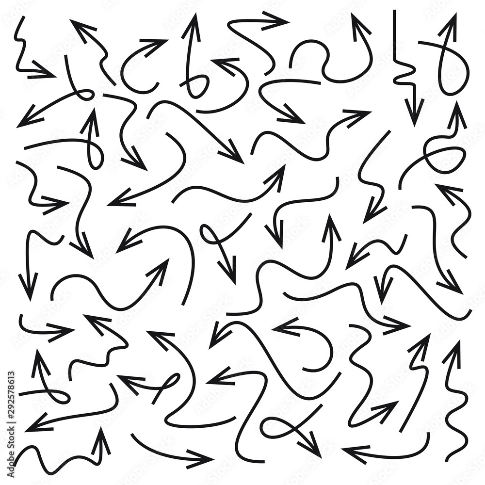 Set of vector curve arrows. Hand drawn arrows in doodle style
